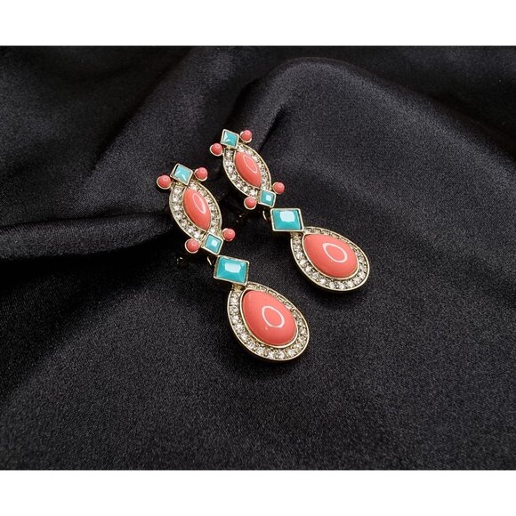 Heidi Daus Crystal Drop Earrings With Coral & Turquoise Accents - Picture 2 of 5